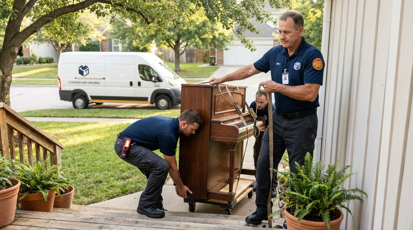 Licensed piano movers securing grand piano in Sundown, TX