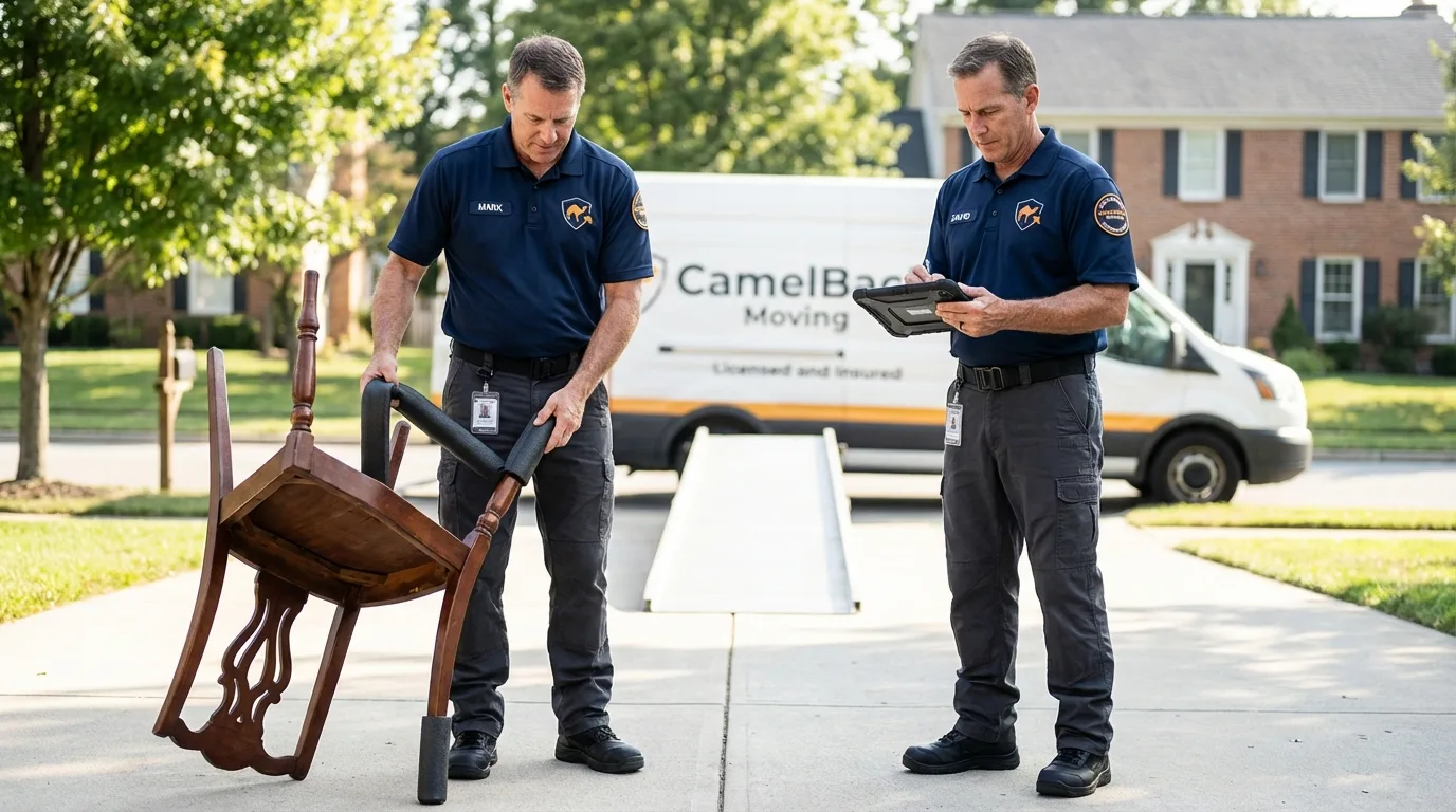 Movers inspecting furniture for damage prevention before loading in Sundown, TX
