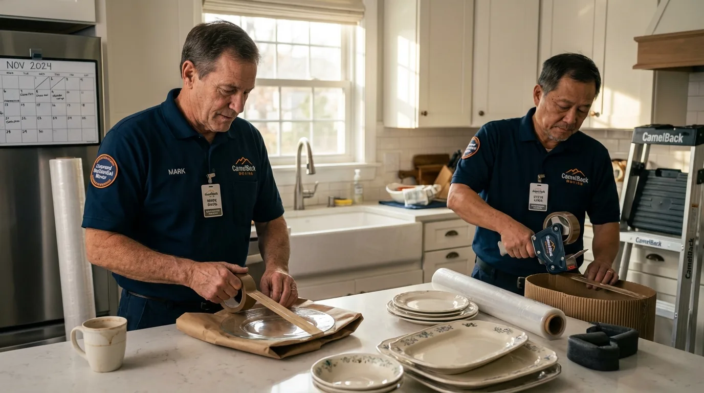 Professional crew packing kitchen dishware in Sundown, TX